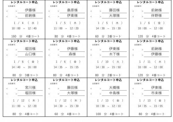 レンタルコ-ト当選者発表①(122期前半分)