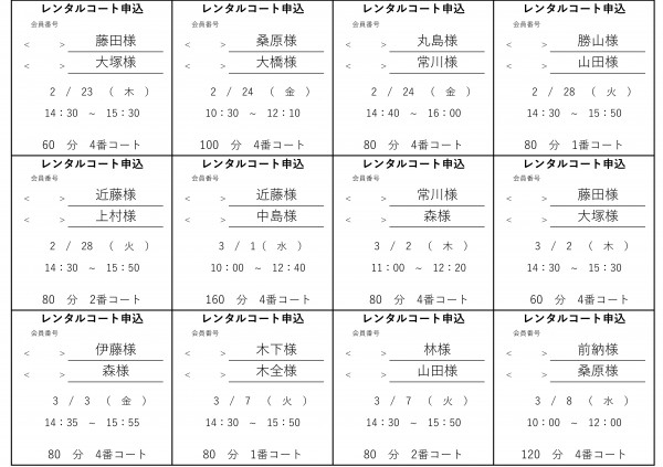 レンタルコ-ト当選者発表(122期後半2)